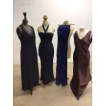 Four evening dresses including Monsoon devoure, silk crepe halter neck and 2 others