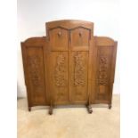 A Chinese hand carved three fold screen. W:185cm x H:186cm