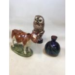 A David Sharp ceramic cow also with a Kreisler Sisters owl and an art glass vase H:27cm Height of
