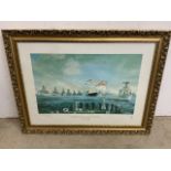 A large framed coloured print of the Spithead Fleet Review in gilt frame. W:96cm x H:74cm