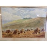 George W Wiles watercolour of haystacks in a landscape. W:26cm x H:18cm