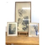 Oriental art. A large frame oriental landcape watercolour also with two prints from the Lichida wood