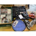 Various tools, tile cutters, extreme 24v drill, sander etc.