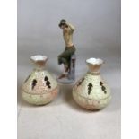 A pair of Locke and Co Worcester vases - one A/F Height: 15cm also with a Royal Doulton figure -