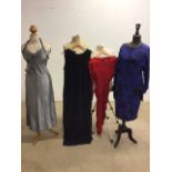 Four vintage evening dresses circa 1970s and 1980s includes a lurex halter neck dress, a ruched