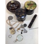 A small quantity of costume jewellery with a wooden needle case, a papier-mache money box, a