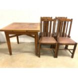 For early 20th century oak leather seated chairs also with a golden oak draw a leaf table. (stamp to
