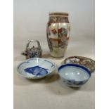 Oriental ceramics, a famille rose small tea pot, satsuma vase, blue and white bowl and plate etc.