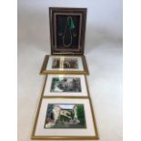 A papyrus gouache Egyptian painting with a framed and glazed set of Necklace and earrings also