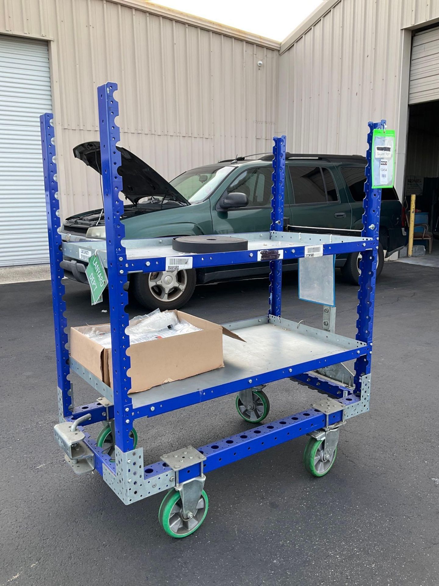 HEAVY DUTY 2 SHELF CART ON WHEELS, APPROX 50” W x 28” L x 62” T