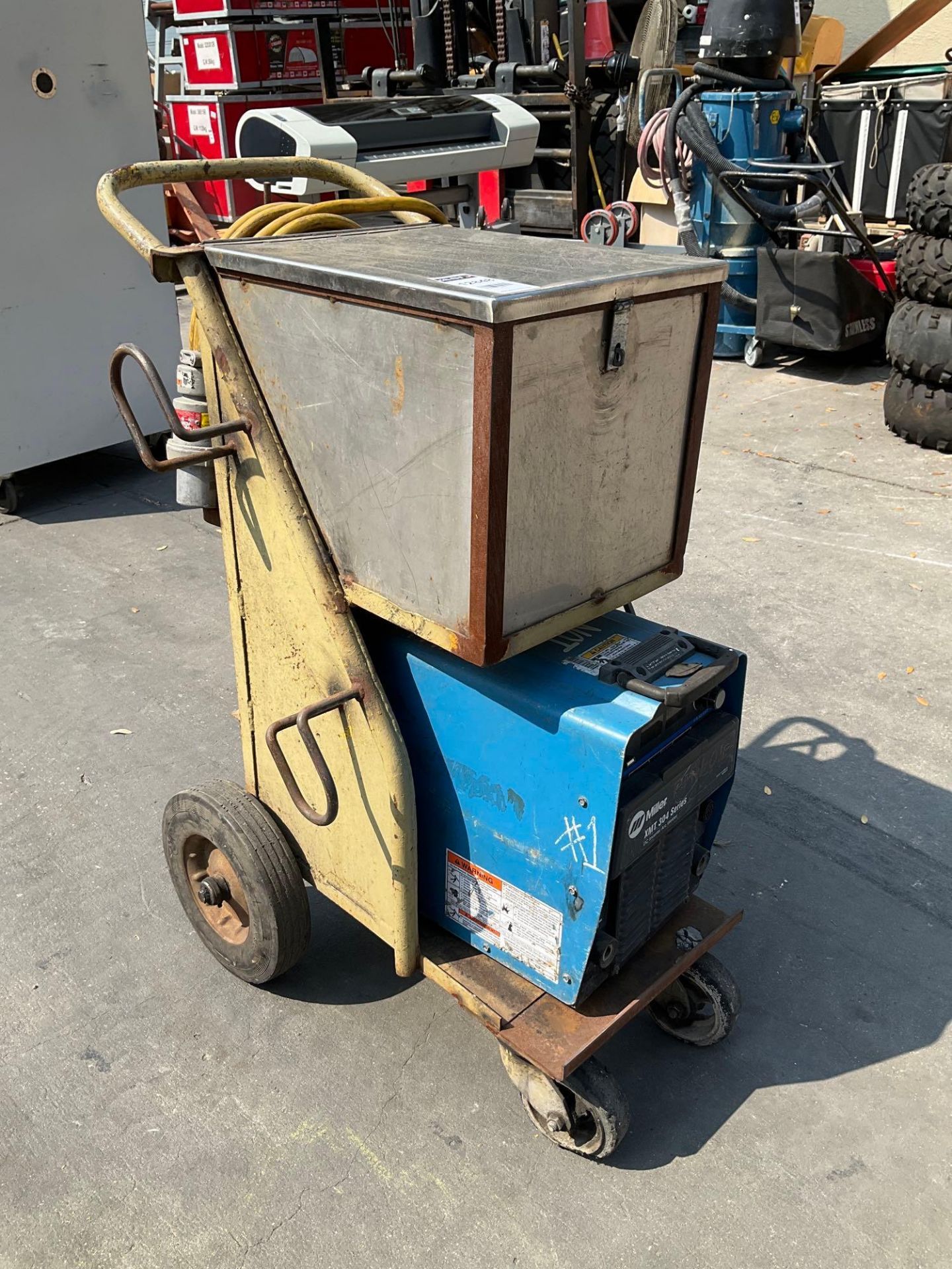MILLER XMT 304 SERIES DC INVERTER ARC WELDER WITH CART & STORAGE BOX ATTACHED ,  PHASE 1/3 , APPROX - Image 7 of 11