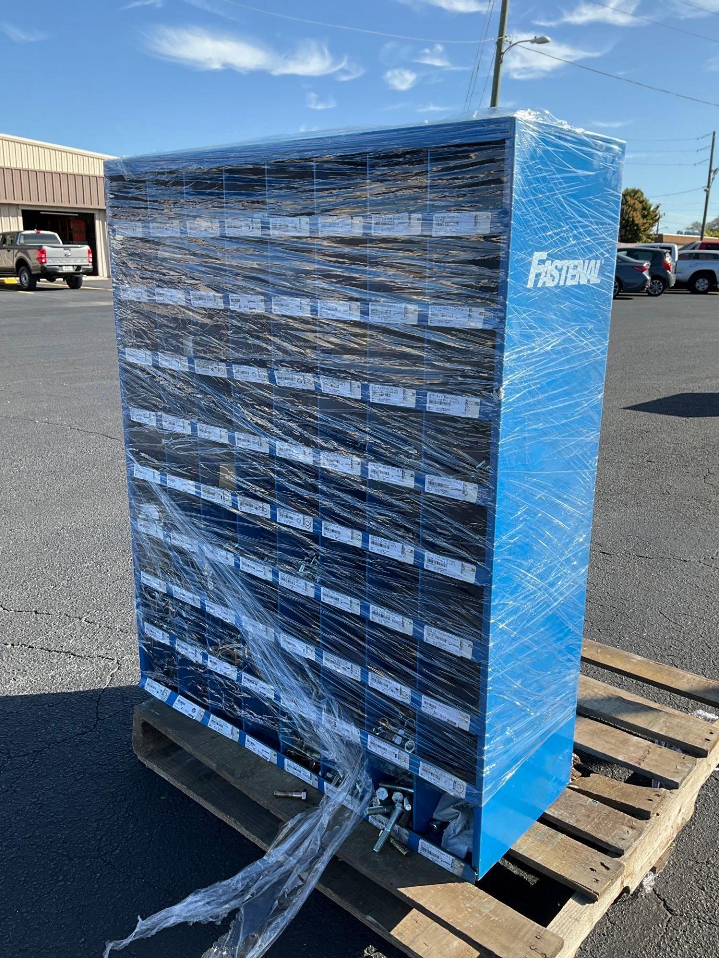 FASTENAL PIGEON HOLE PARTS CABINET WITH CONTENTS, APPROX 34" w x 12" L x 42" T