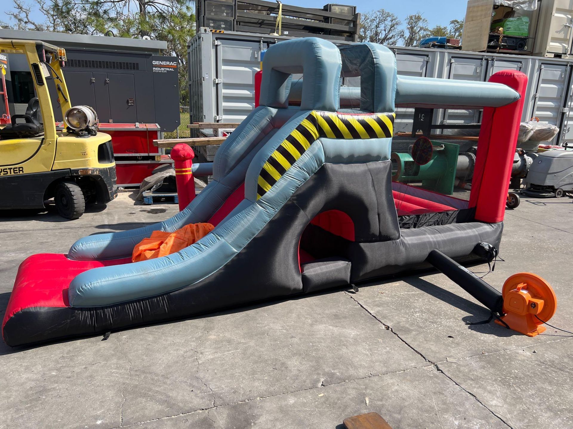 UNUSED BLOW-UP BOUNCY FIRE STATION PLAY YARD WITH SLIDE, VELCRO DARTS, BALLS, STAKES, & BLOWER - Image 3 of 12