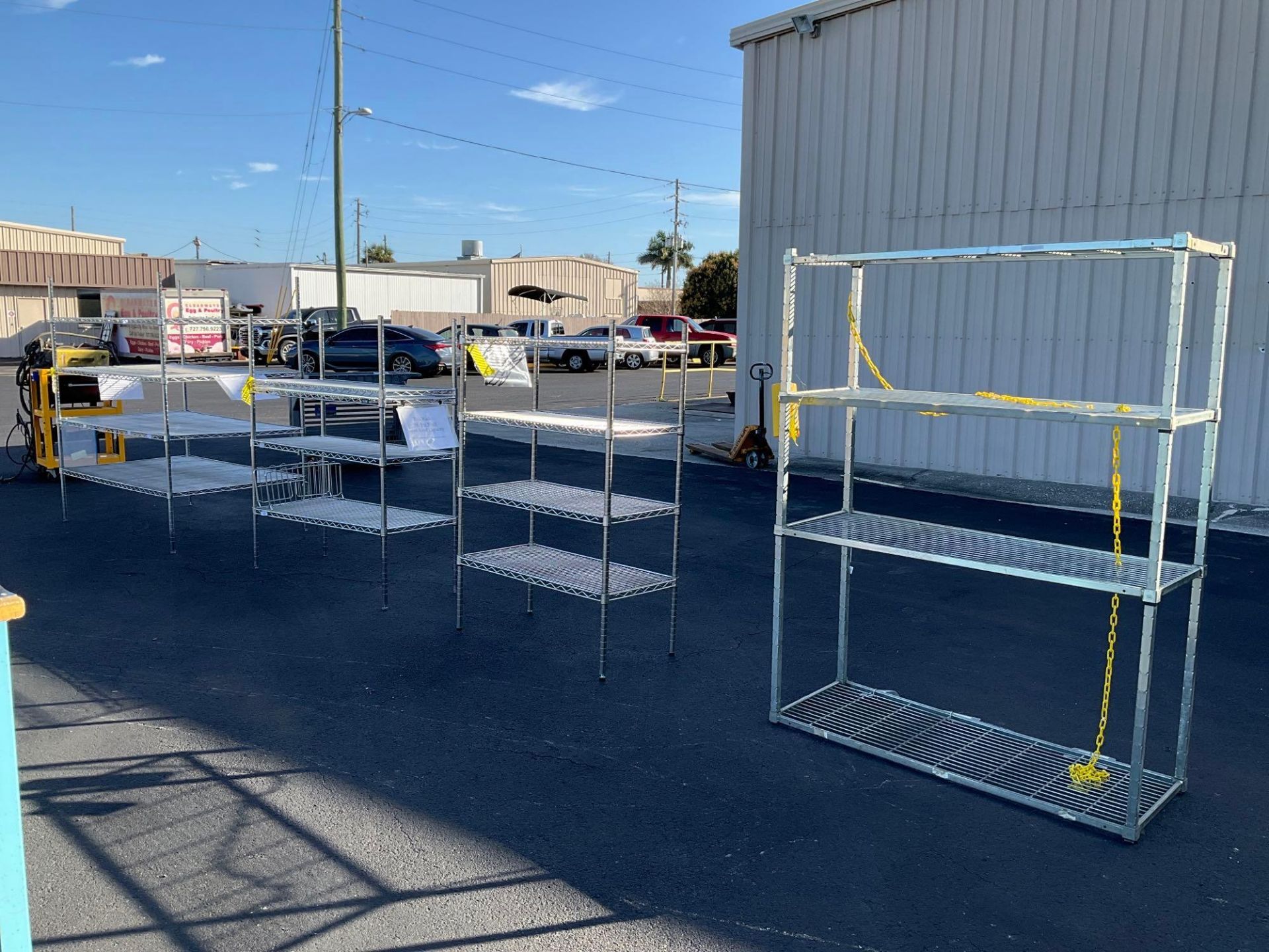 ( 4 ) RACK STANDS, APPROX 60" W x 36" L x 63" T, APPROX 48" W x 18" L x 55" T, APPROX 36" W x 18" L