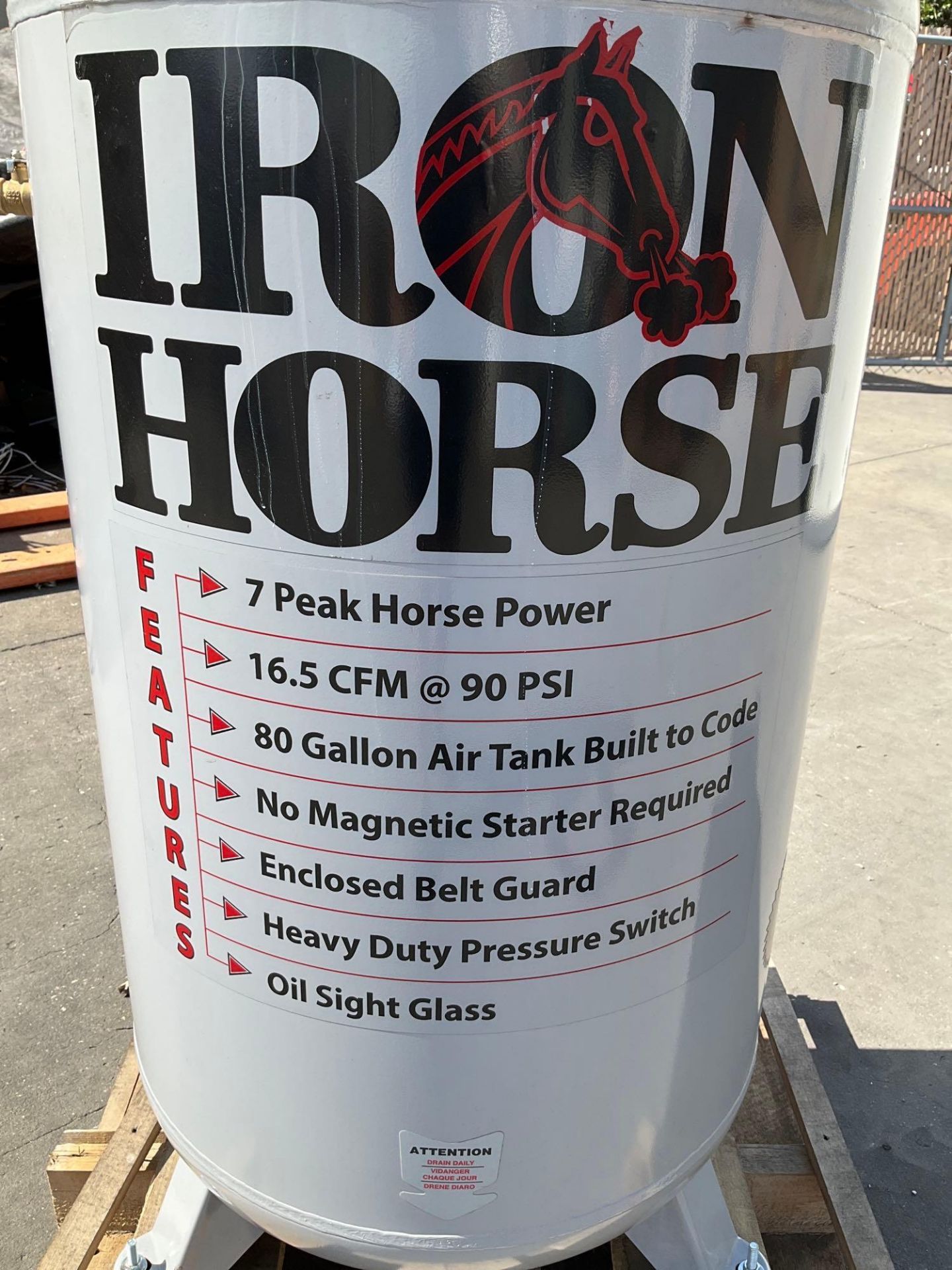 IRON HORSE AIR COMPRESSOR MODEL IHD7180V1, APPROX 80 GAL AIR TANK, APPROX 7PEAK HP - Image 8 of 11