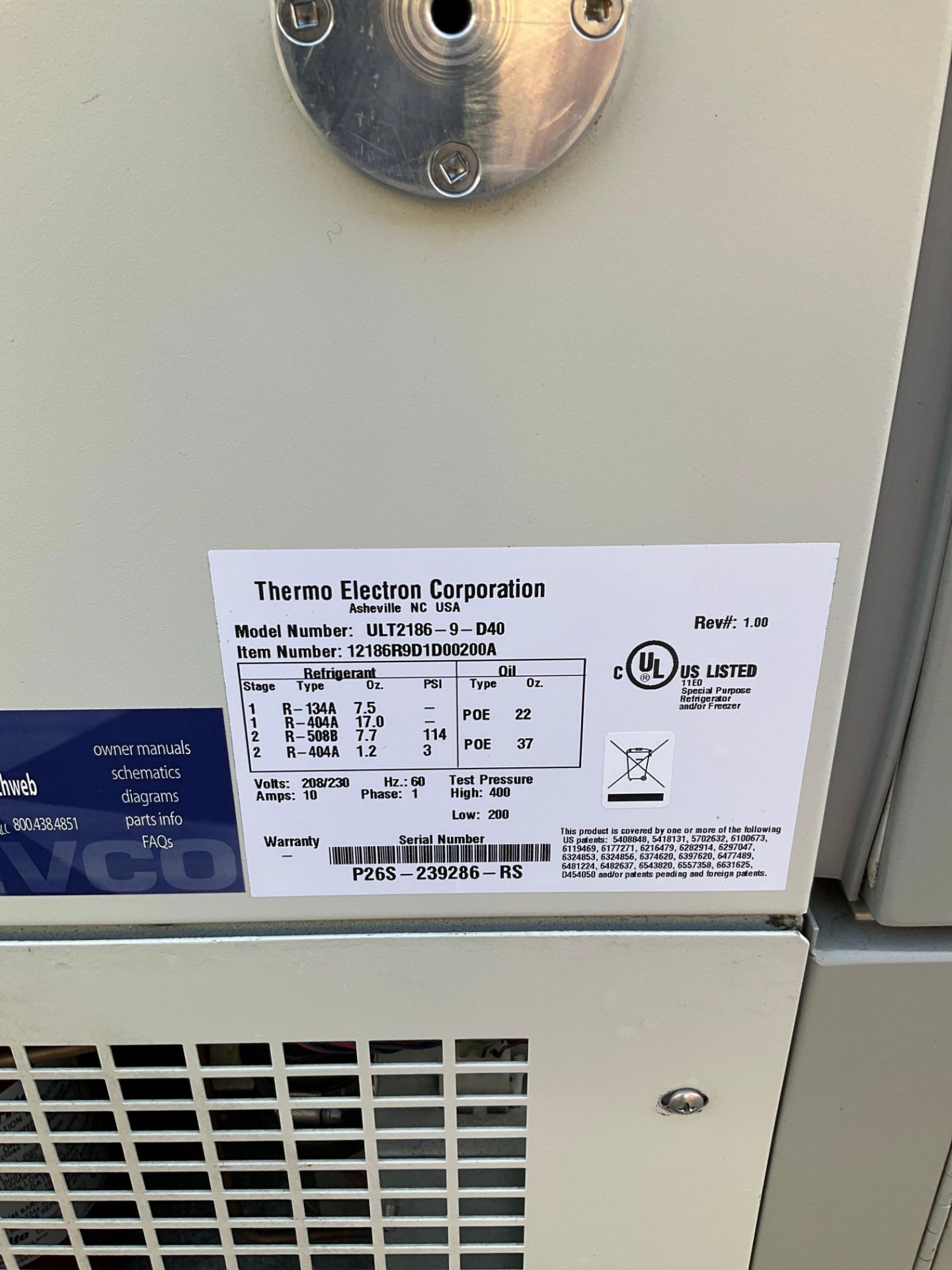 THERMO ELECTRON CORPORATION FREEZER MODEL ULT2186-9-D40, 208/230 VOLTS, 10 AMPS, 60 HZ, 1 PHASE,APPR - Image 7 of 11