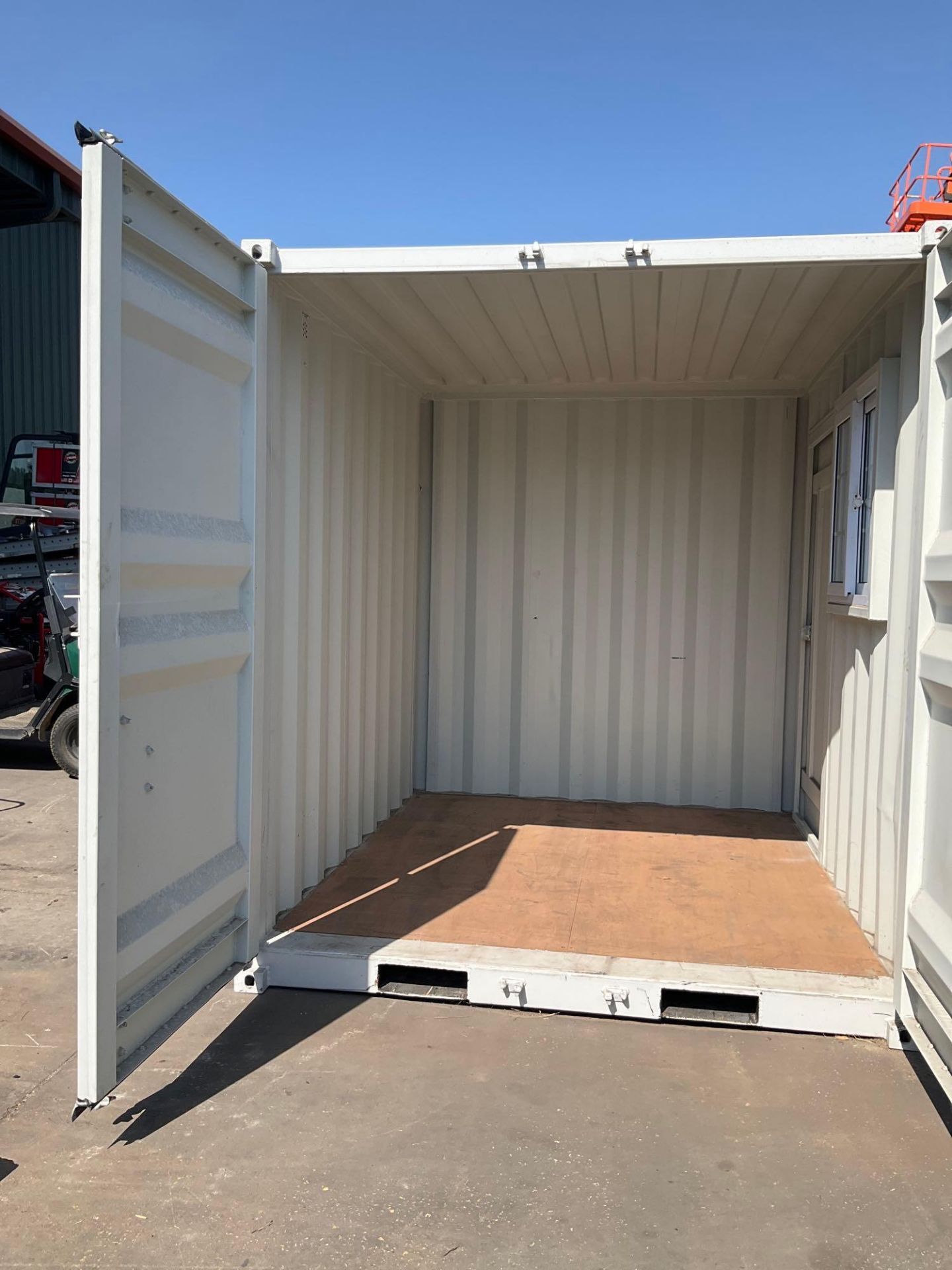 9' OFFICE / STORAGE CONTAINER, FORK POCKETS WITH SIDE DOOR ENTRANCE & SIDE WINDOW, APPROX 99'' T x 8 - Image 10 of 11