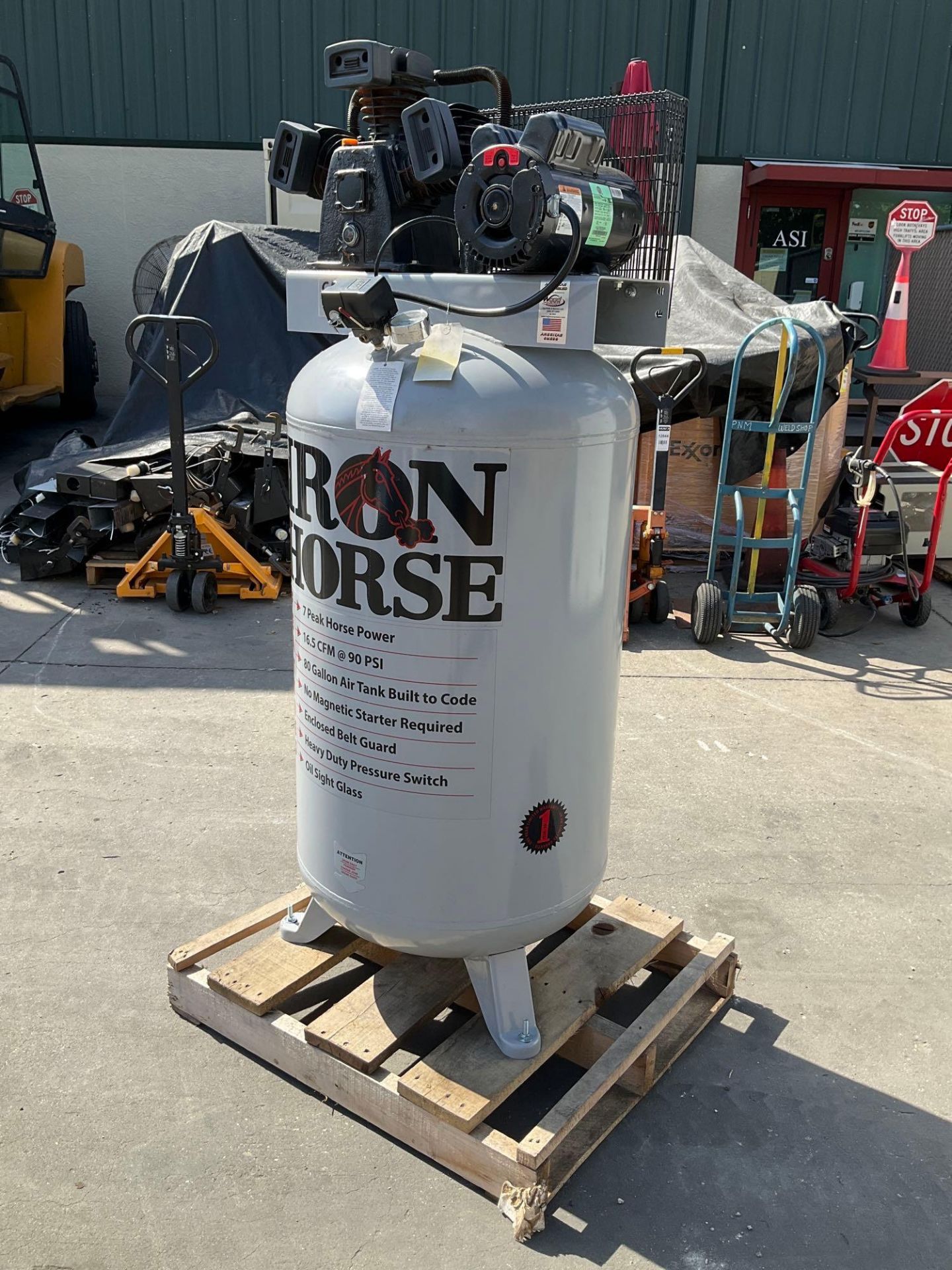 IRON HORSE AIR COMPRESSOR MODEL IHD7180V1, APPROX 80 GAL AIR TANK, APPROX 7PEAK HP