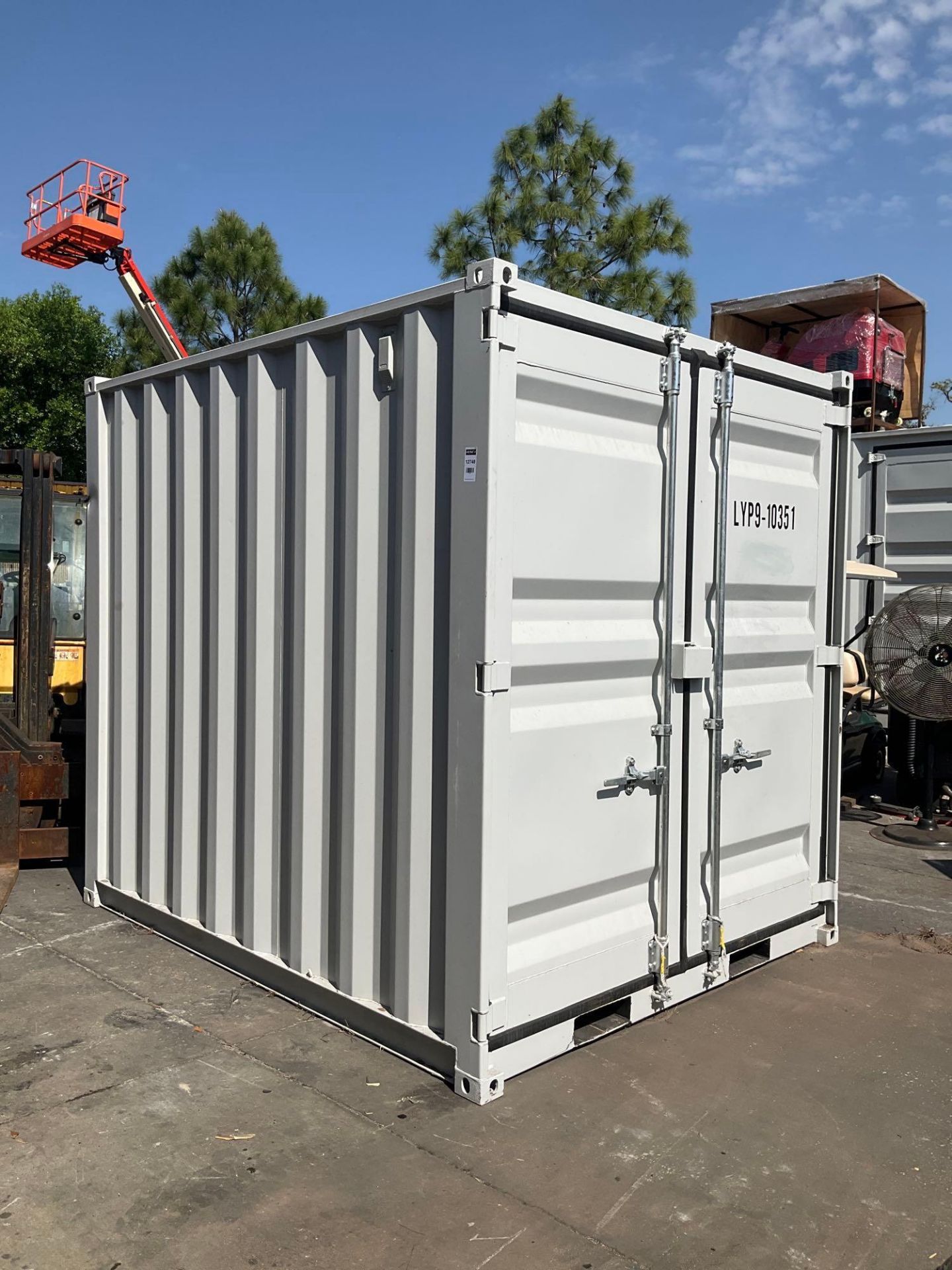 9' OFFICE / STORAGE CONTAINER, FORK POCKETS WITH SIDE DOOR ENTRANCE & SIDE WINDOW, APPROX 99'' T x 8