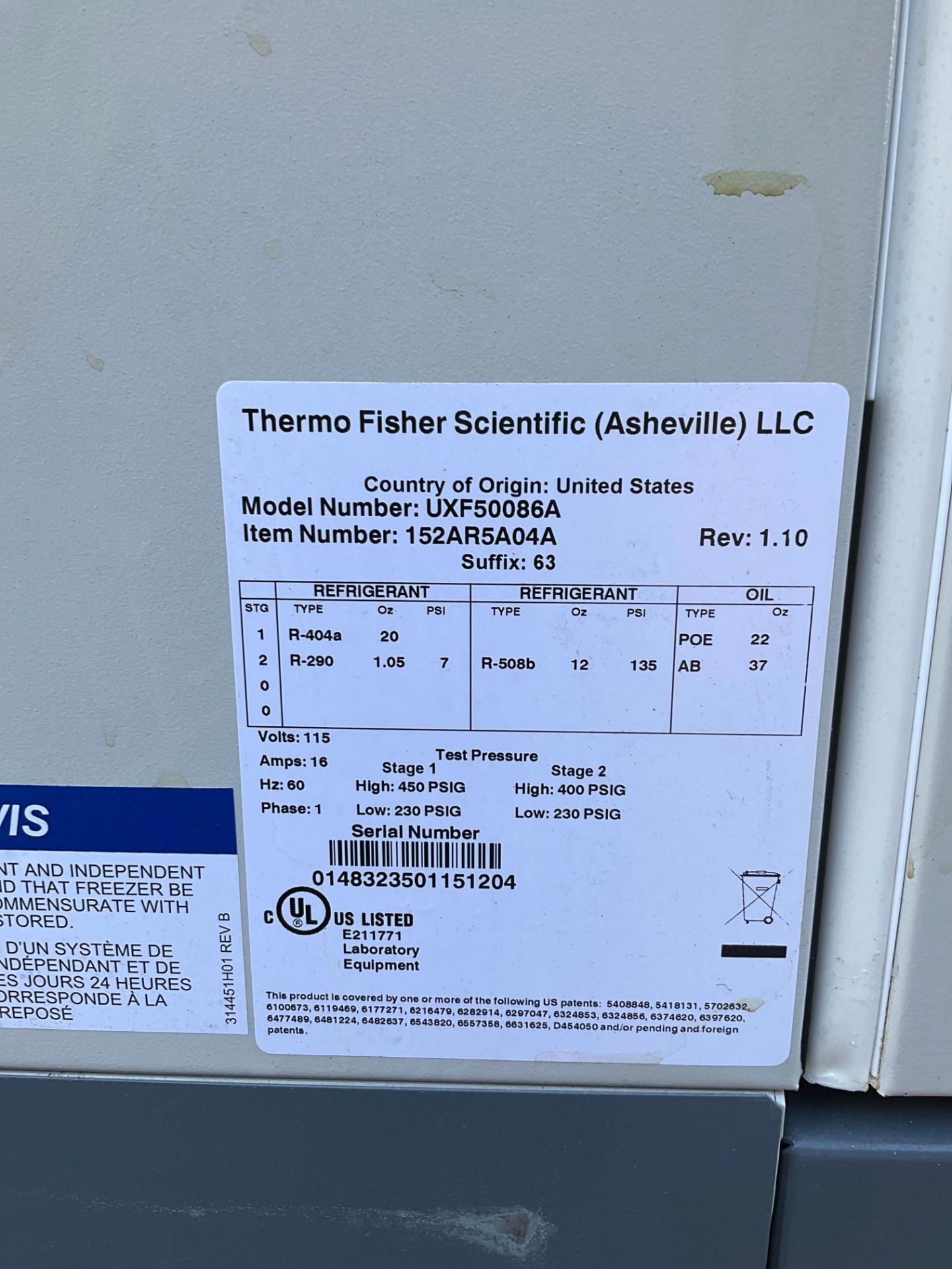 THERMO FISHER SCIENTIFIC FREEZER MODEL UXF50086A, 115 VOLTS, 16 AMPS, 60 HZ, 1 PHASE, - 86 C - Image 13 of 17