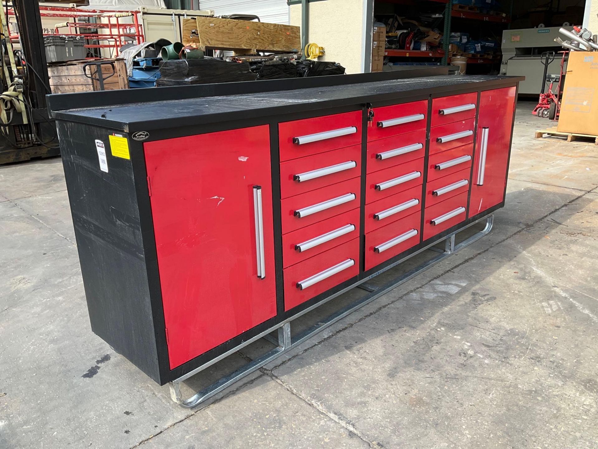 UNUSED STEELMAN WORK BENCH MODEL 10FT-15D-2-01B, APPROX 10FT, 15 DRAWERS, 2 CABINETS, KEYS TO LOCK,