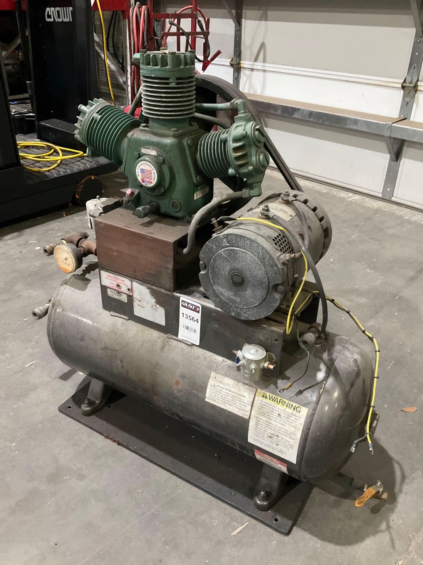 AIR COMPRESSOR, ELECTRIC , APPROX 24 VOLTS, APPROX 15 GAL HORIZONTAL COMPRESSOR TANK, WORKS