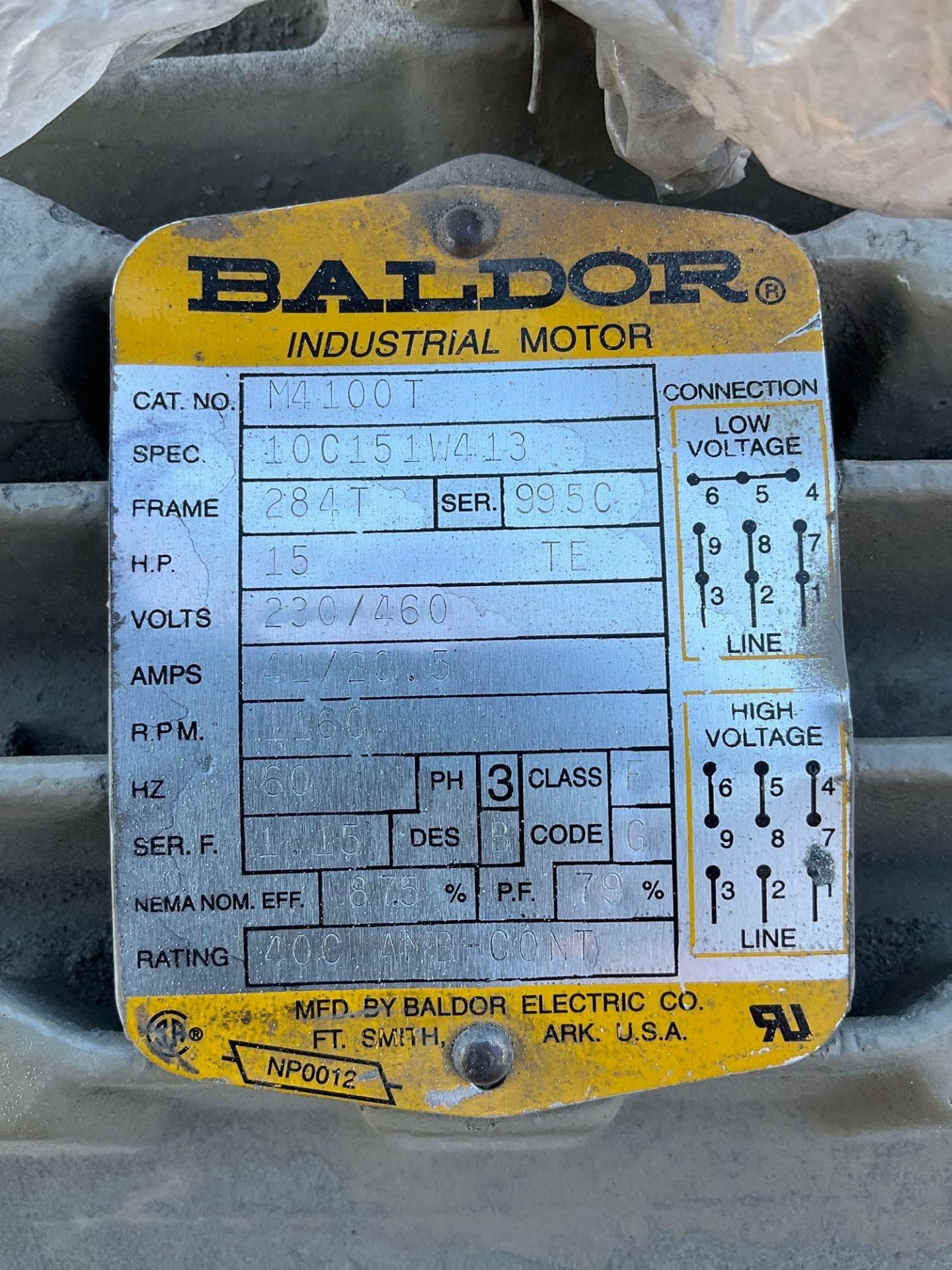 BALDOR ELECTRIC M4 100T, APPROX 15HP, PHASE 3, APPROX 230/460 VOLTS, APPROX 1160 RPM, APPROX 26” x 1 - Image 10 of 10