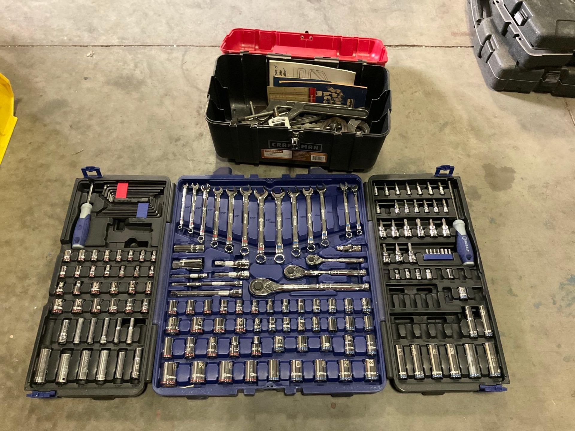 ( 1 ) KOBALT MECHANIC TOOL SETS & ( 1 ) CRAFTSMAN 17” W TOOL BOX WITH SOME CONTENTS