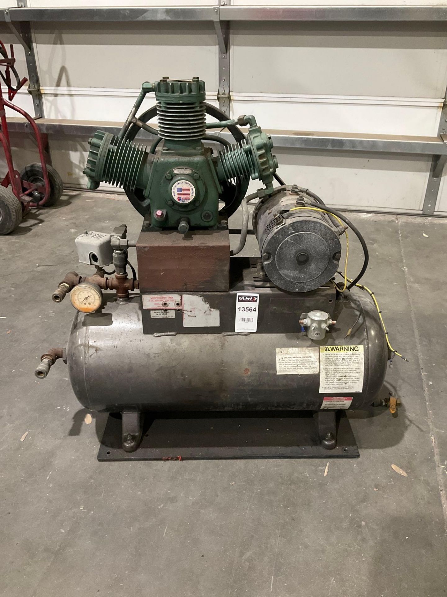 AIR COMPRESSOR, ELECTRIC , APPROX 24 VOLTS, APPROX 15 GAL HORIZONTAL COMPRESSOR TANK, WORKS - Image 2 of 7