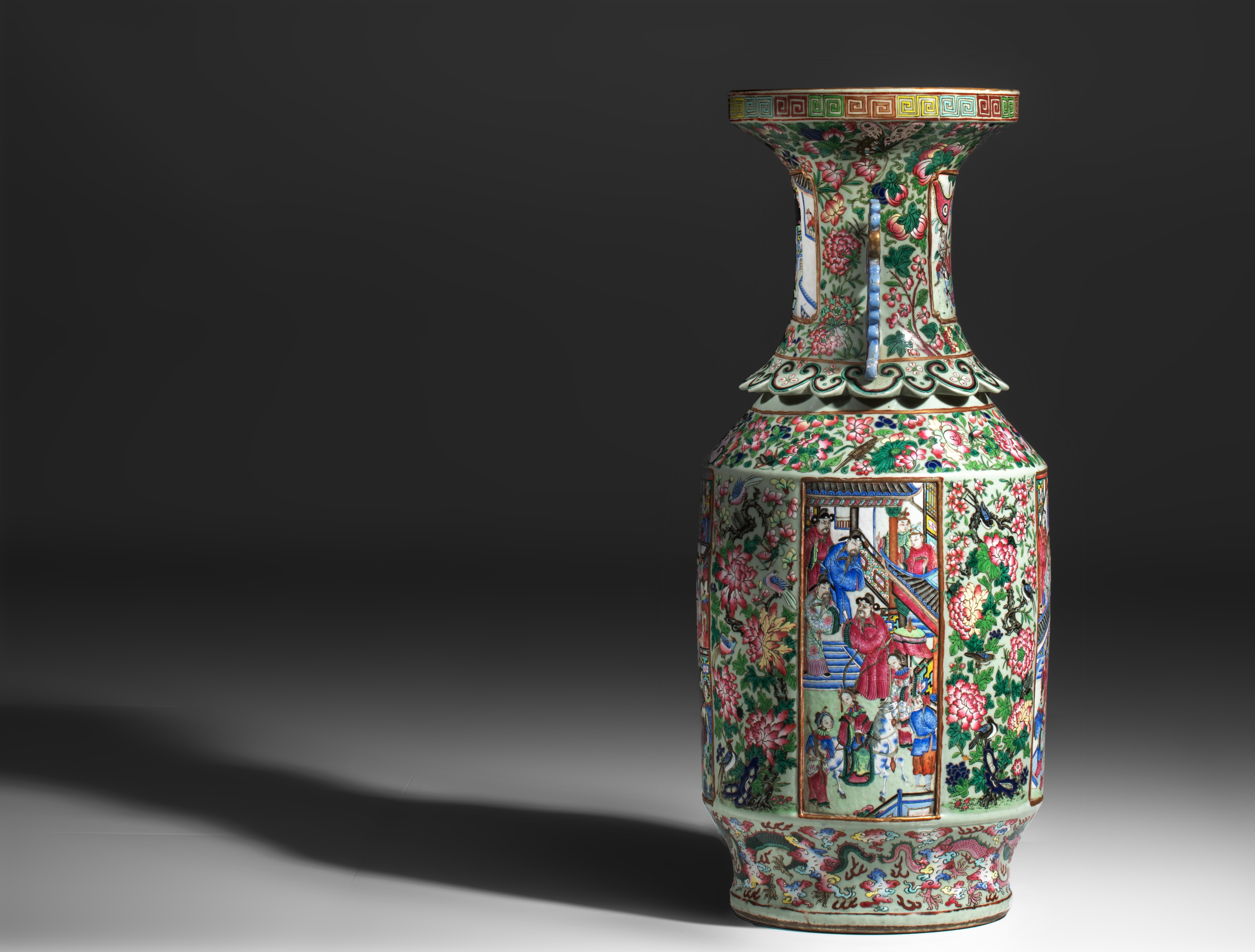 An imposing Chinese Canton famille rose vase, paired with stylised dragon handles, 19thC, H 85,4 cm - Image 4 of 14