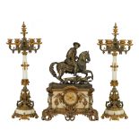 An imposing Louis Philippe gilt and patinated bronze and marble three-piece mantle clock garniture,
