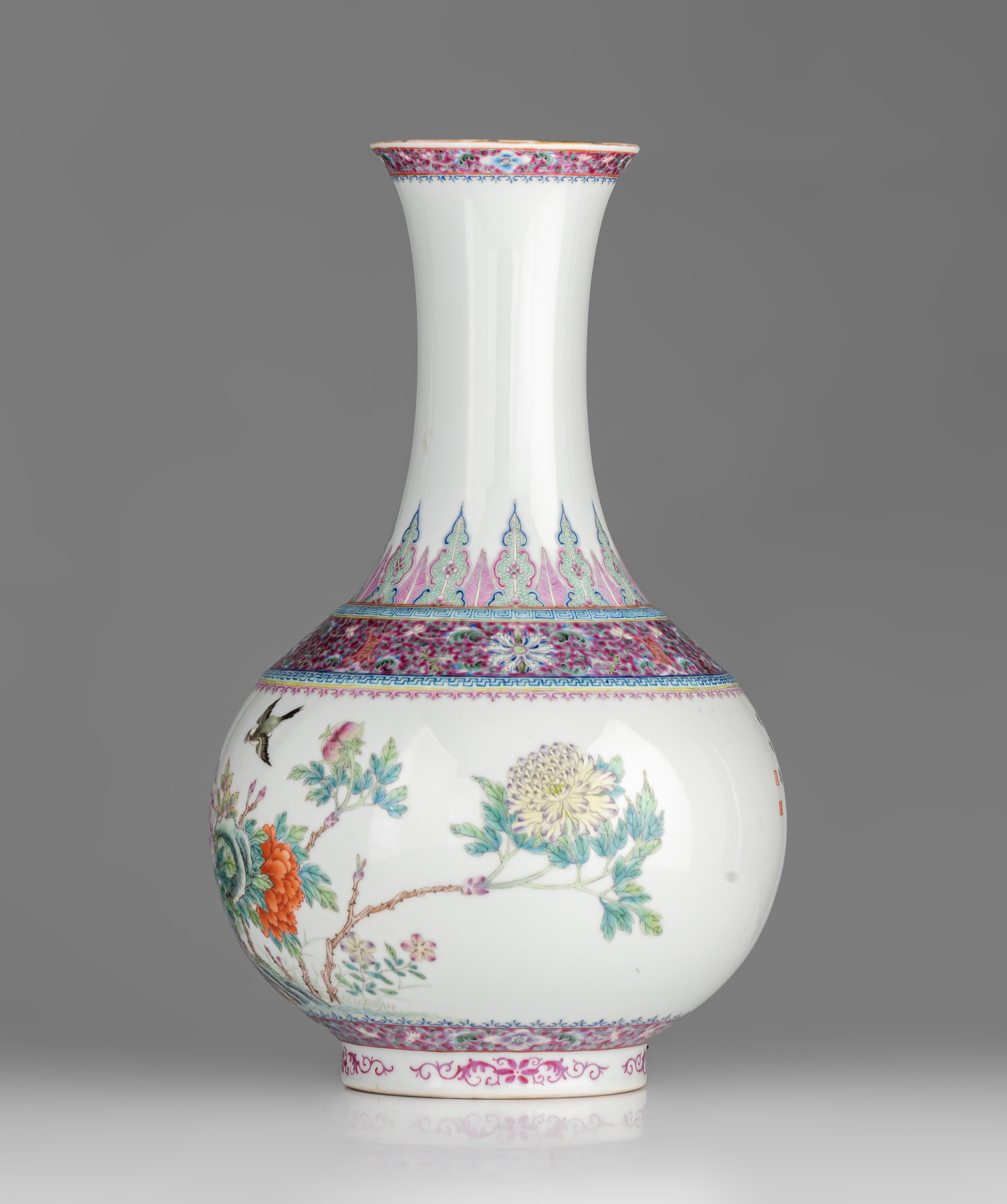 A fine Chinese famille rose 'Birds and Flowers' bottle vase, with a Qianlong mark, Republic period, - Image 4 of 9