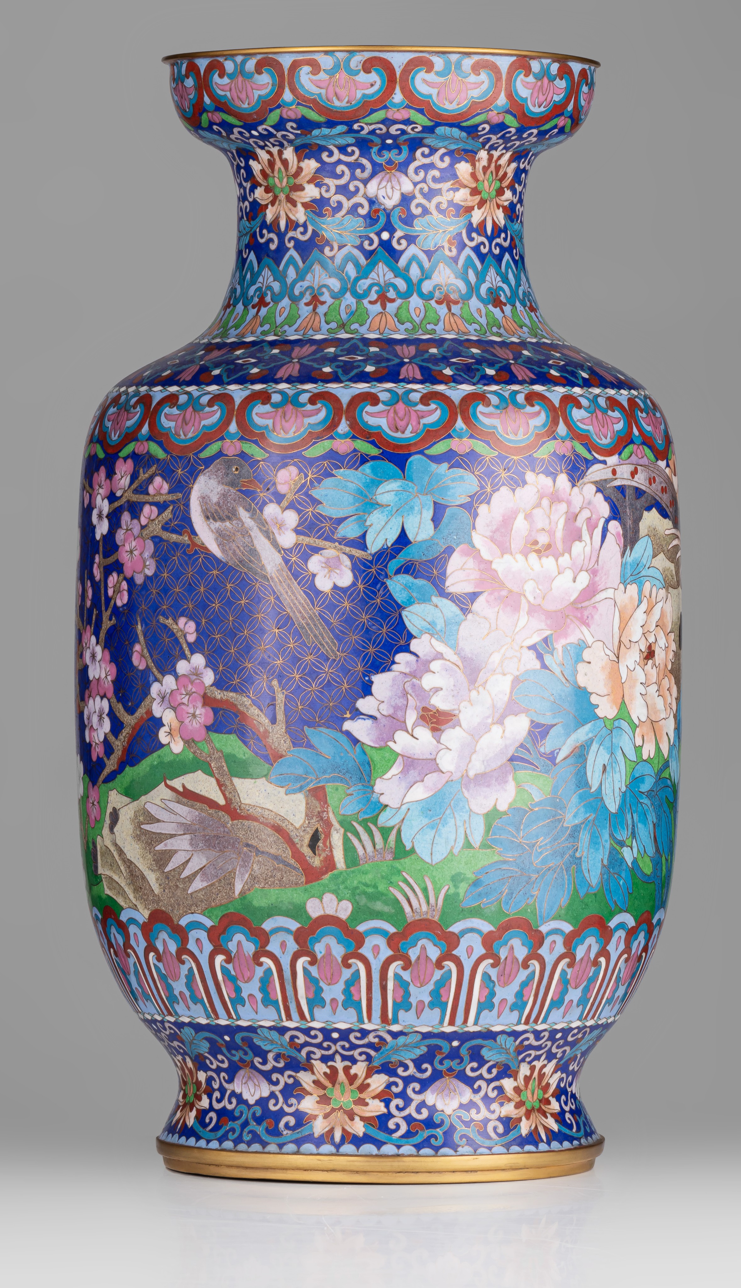 A pair of Chinese cloisonné enamelled 'Birds and peonies' bronze vases, 20thC, H 51,5 cm - Image 11 of 14