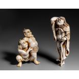 Two ivory okimono, H 11,9 cm - 87g / H 8,3 cm - 69g (+)