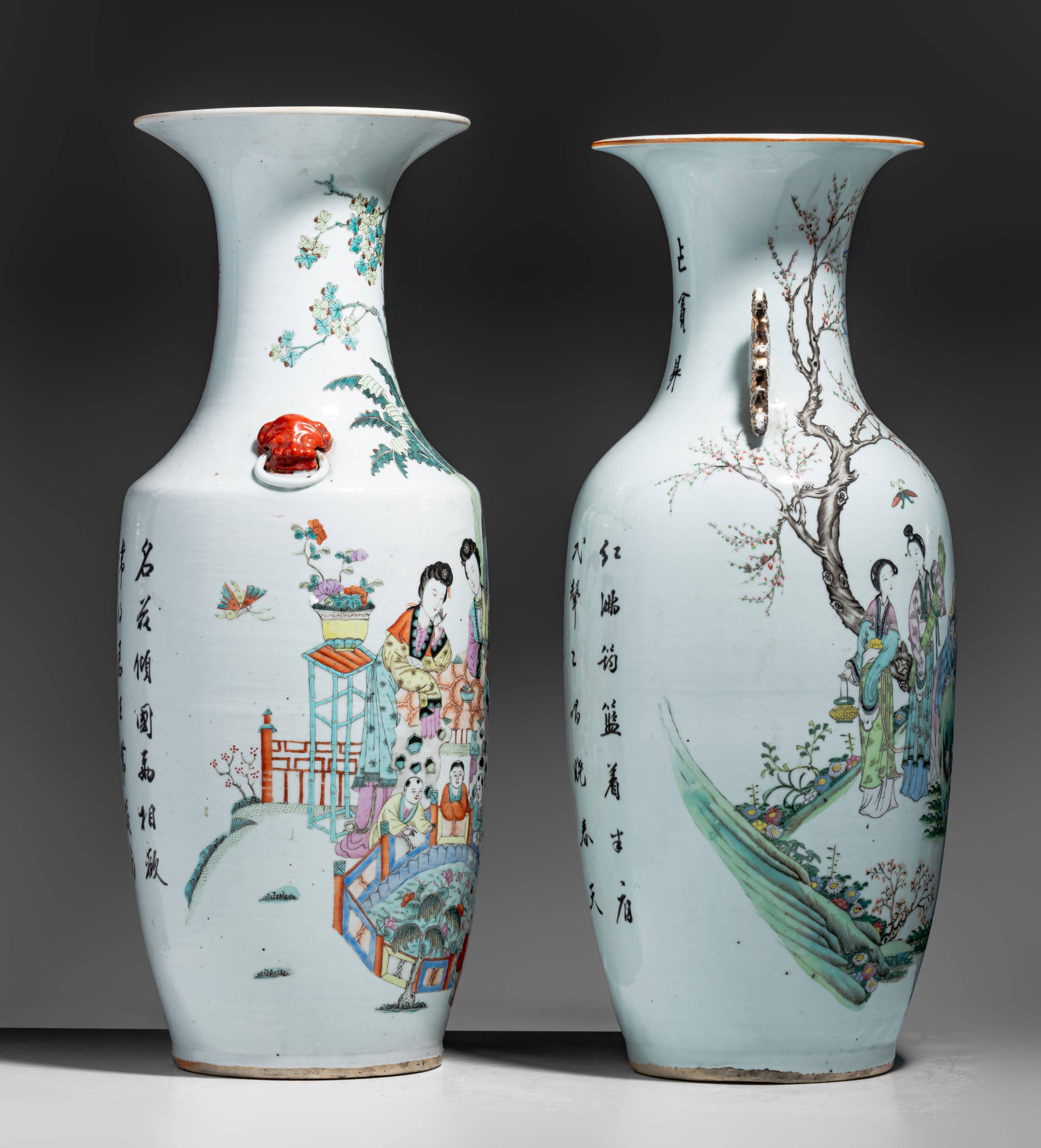 Two Chinese famille rose vases, with a signed text, Republic period, H 58,5 - 60 cm - Image 5 of 7