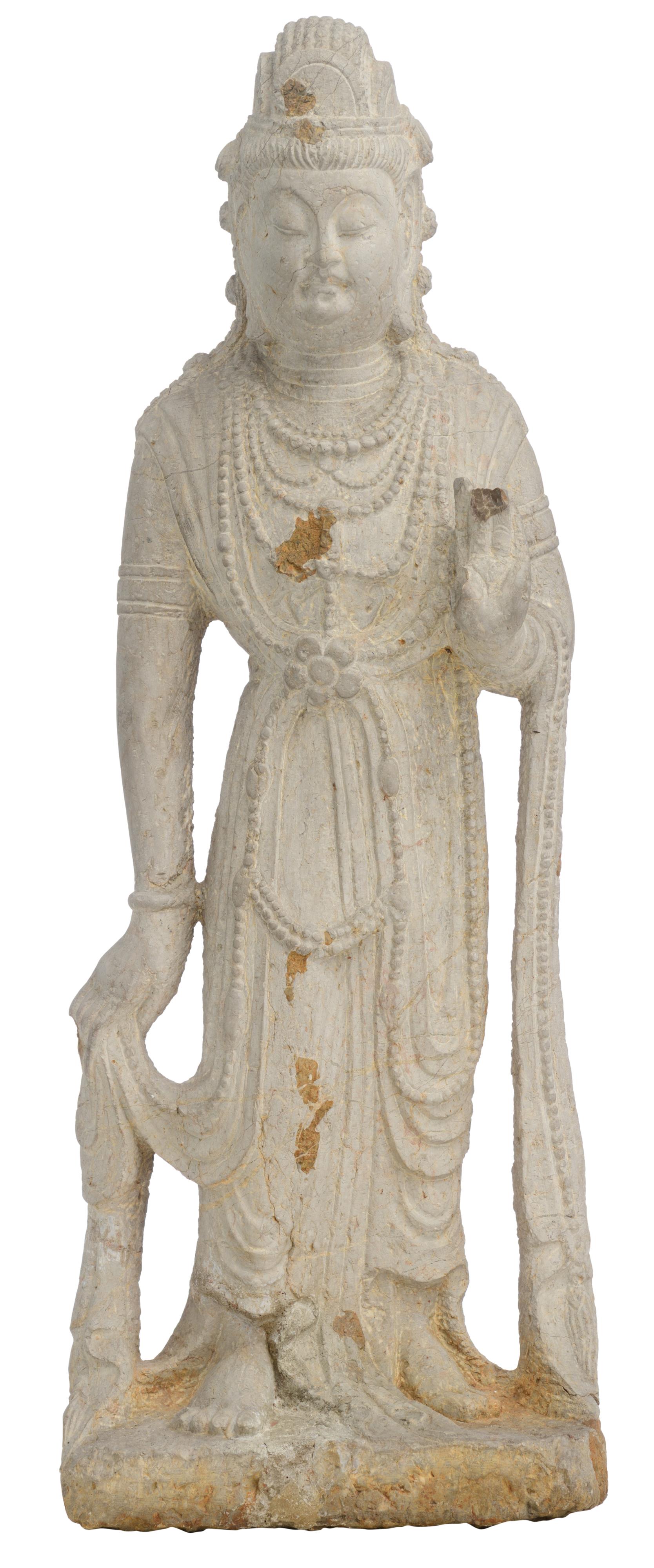 A Chinese grey limestone standing Bodhisattva, H 68 - W 24 cm