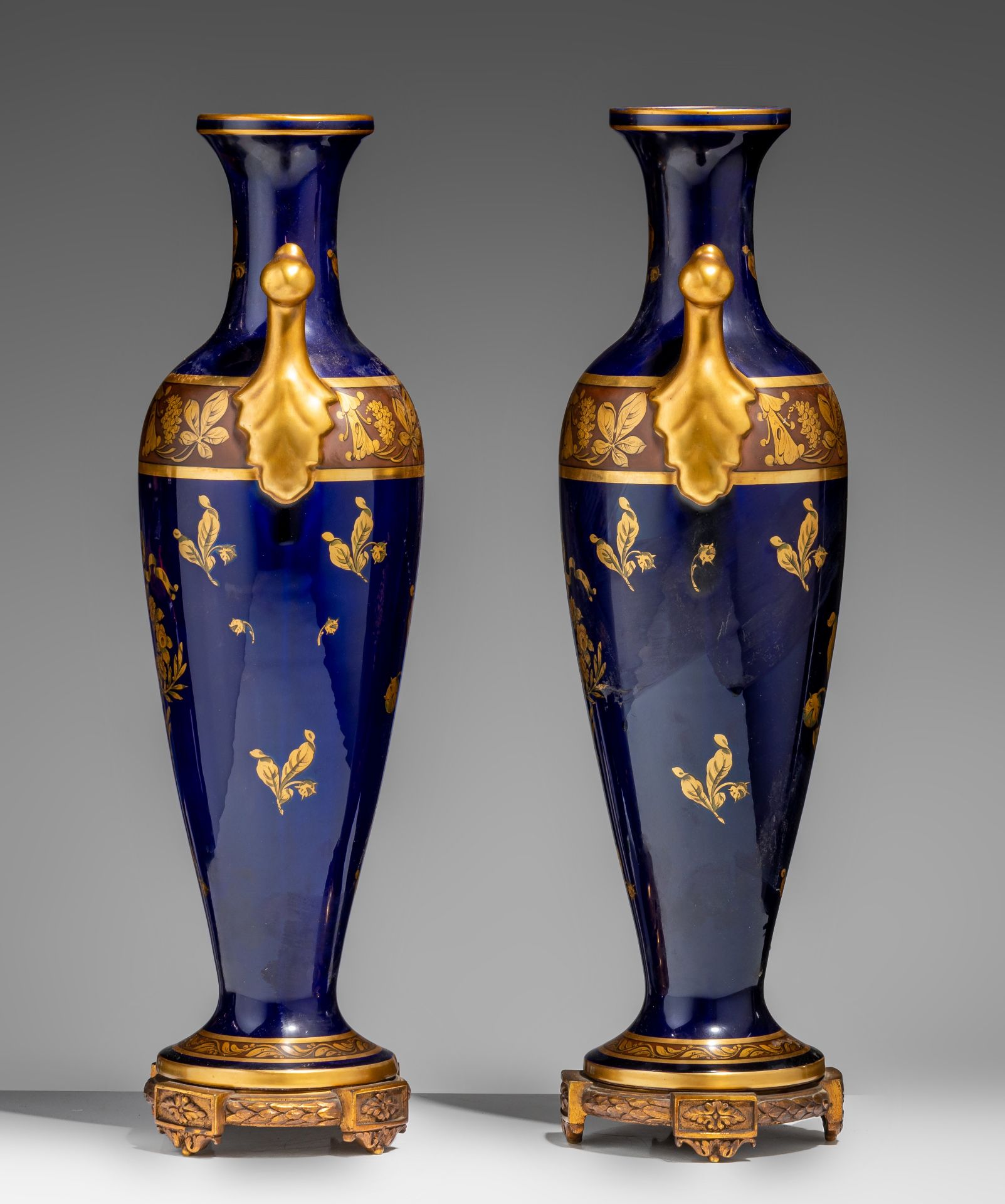 A pair of blue Royal ground and gilt decorated oblong Sevres-type vases, H 49,5 cm - Image 3 of 7