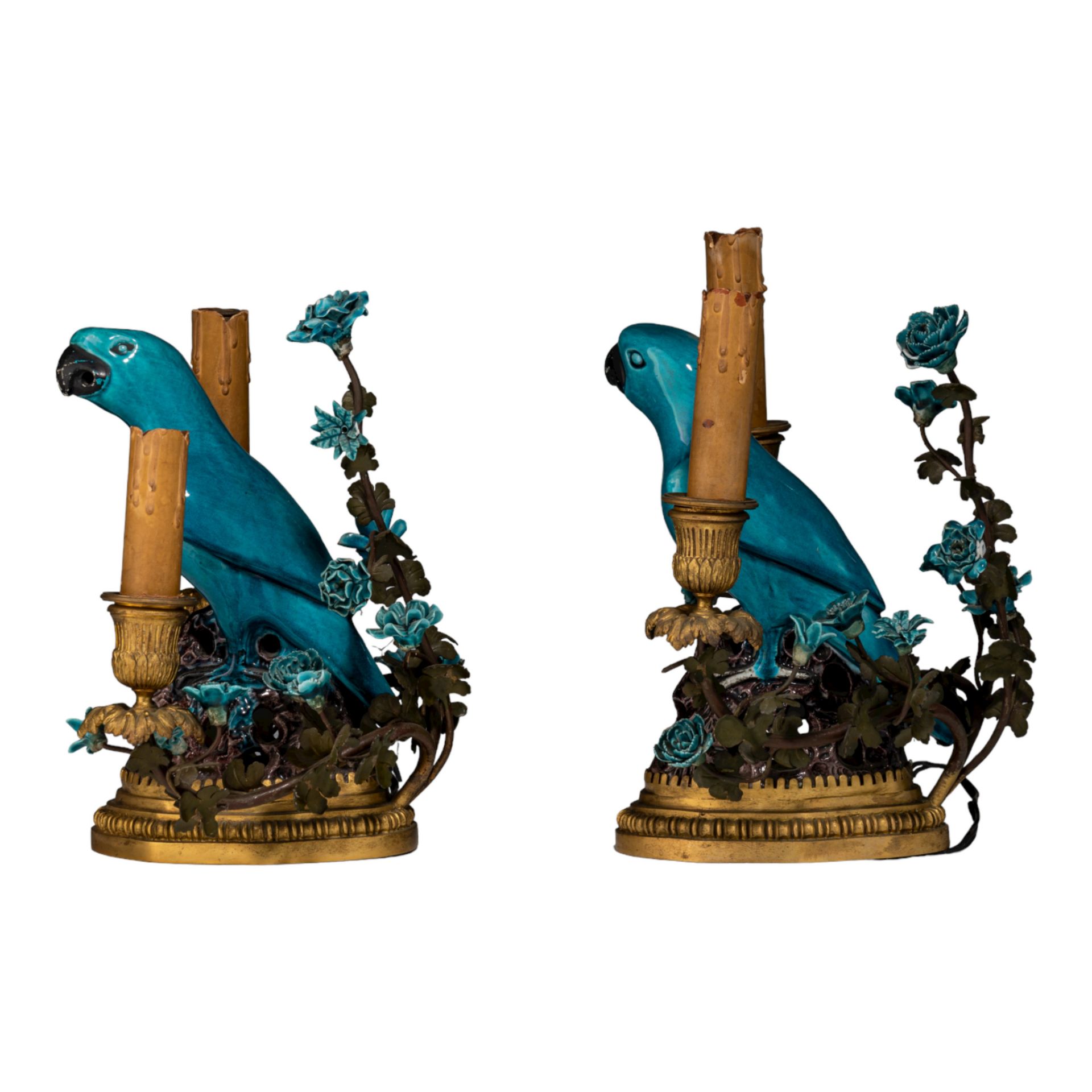 A pair of table lamps, brass-mounted porcelain parrots, marked Samson, late 19thC, H 26 - 28 cm - Image 3 of 12