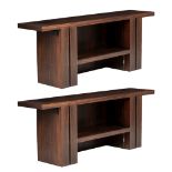 A pair of Macassar veneered design console tables, H 73 - W 194 - D 42 cm