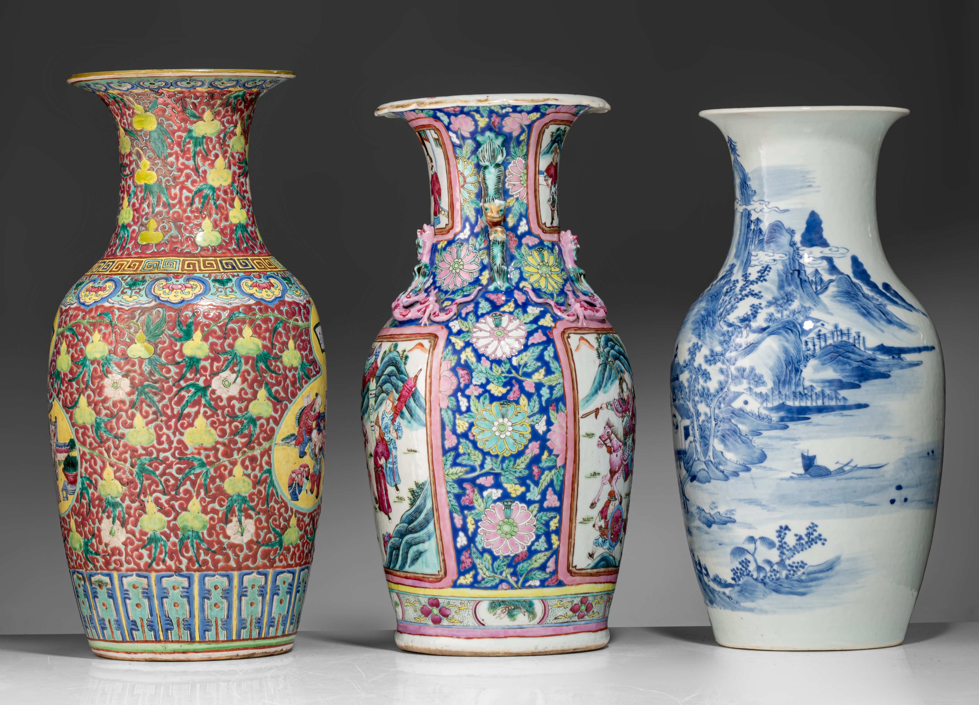 A Chinese blue and white vase and two famille rose vases, 19thC, tallest H 46 cm - Image 3 of 7