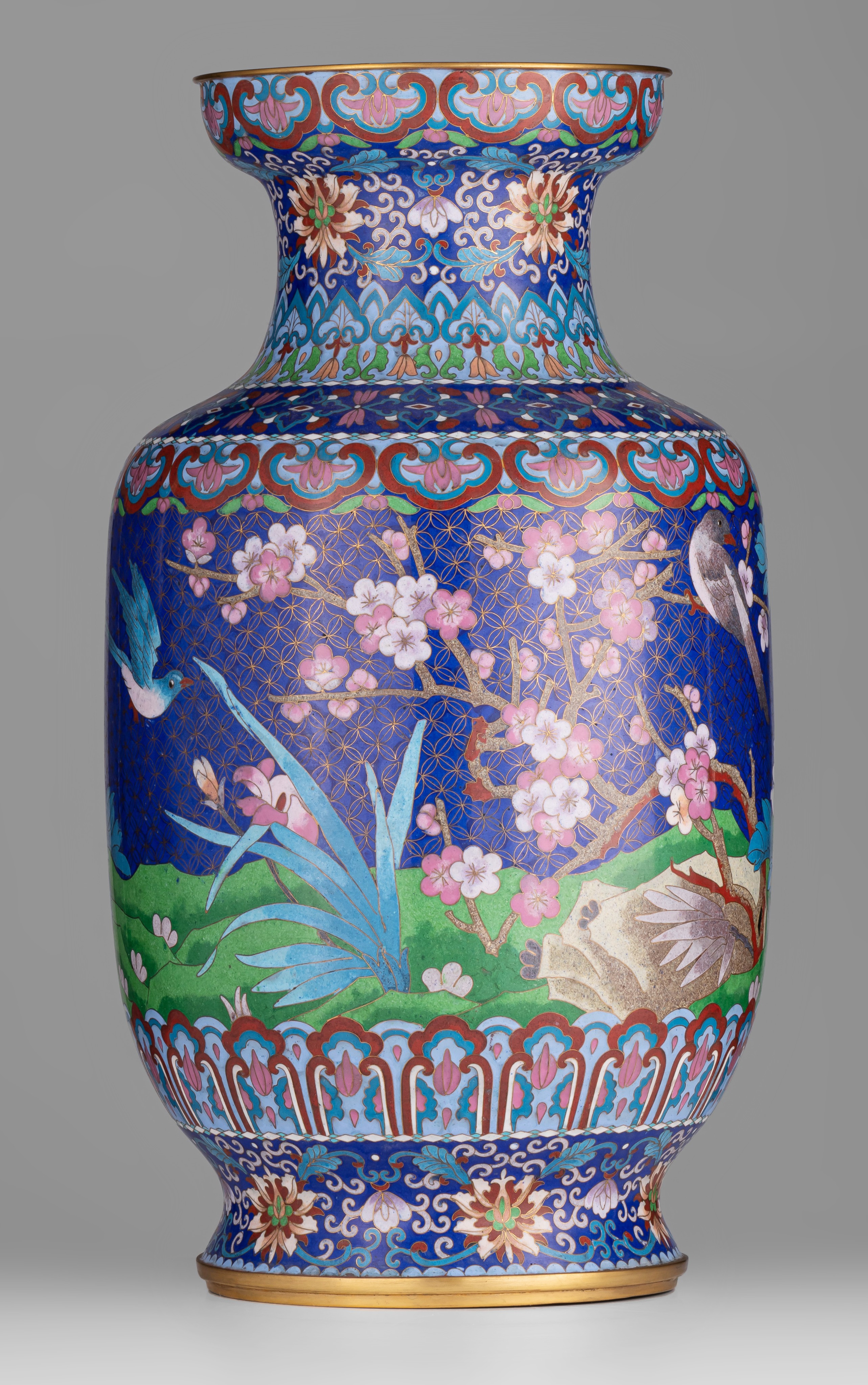 A pair of Chinese cloisonné enamelled 'Birds and peonies' bronze vases, 20thC, H 51,5 cm - Image 10 of 14