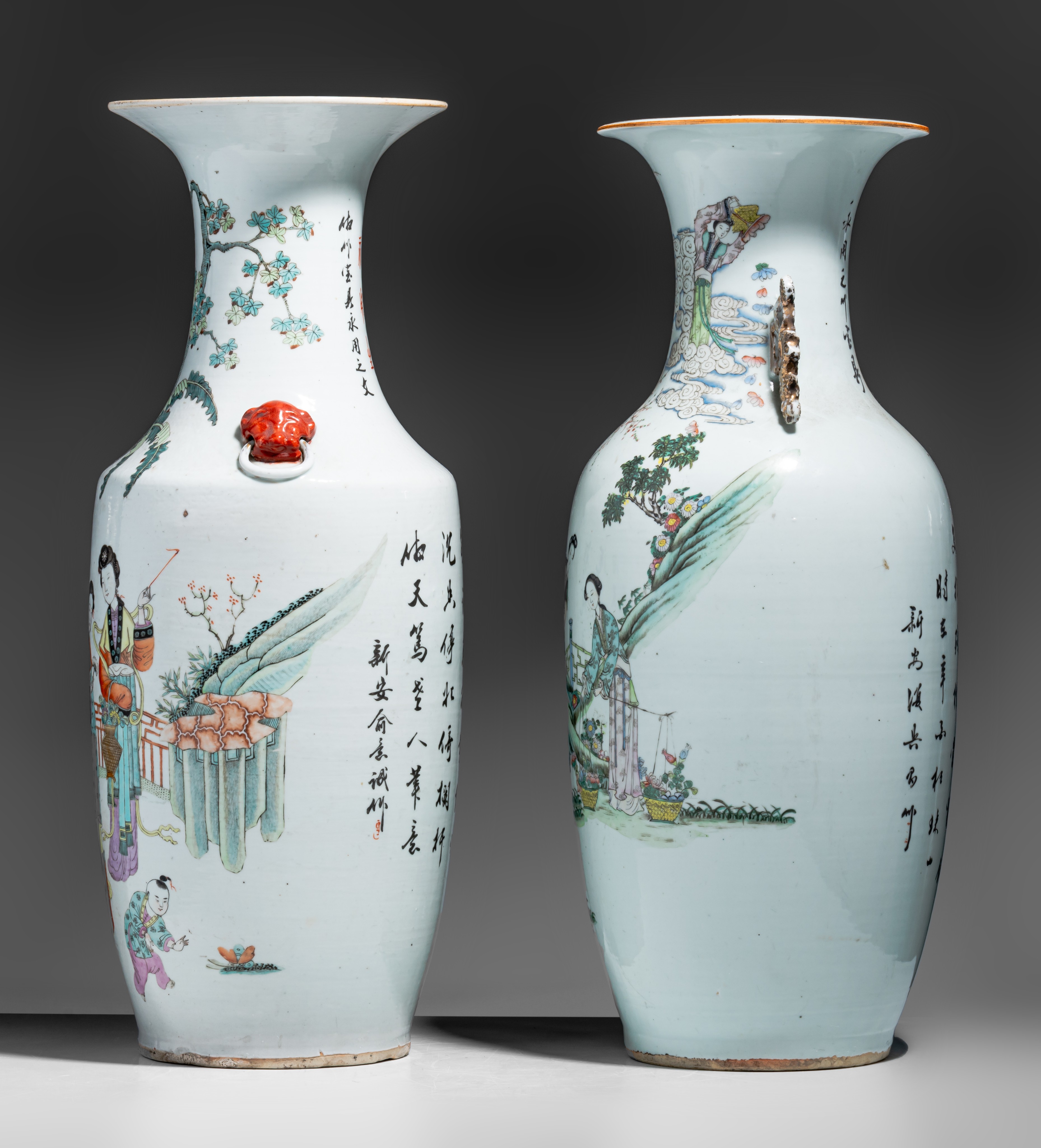 Two Chinese famille rose vases, with a signed text, Republic period, H 58,5 - 60 cm - Image 3 of 7