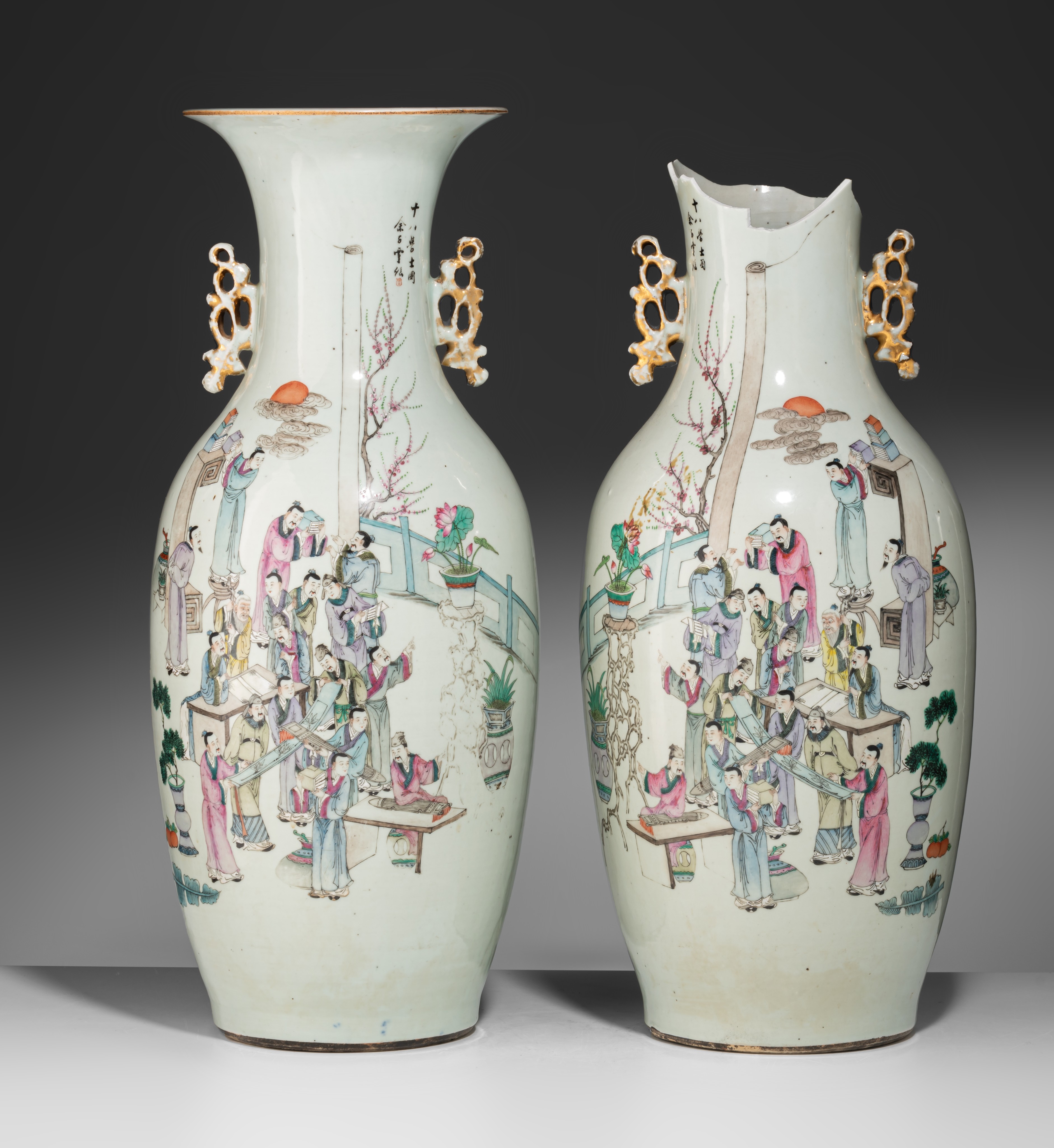 A pair of Chinese Qianjiangcai 'Scholars' vases, paired with lingzhi handles, Republic period, H 58 - Image 2 of 7