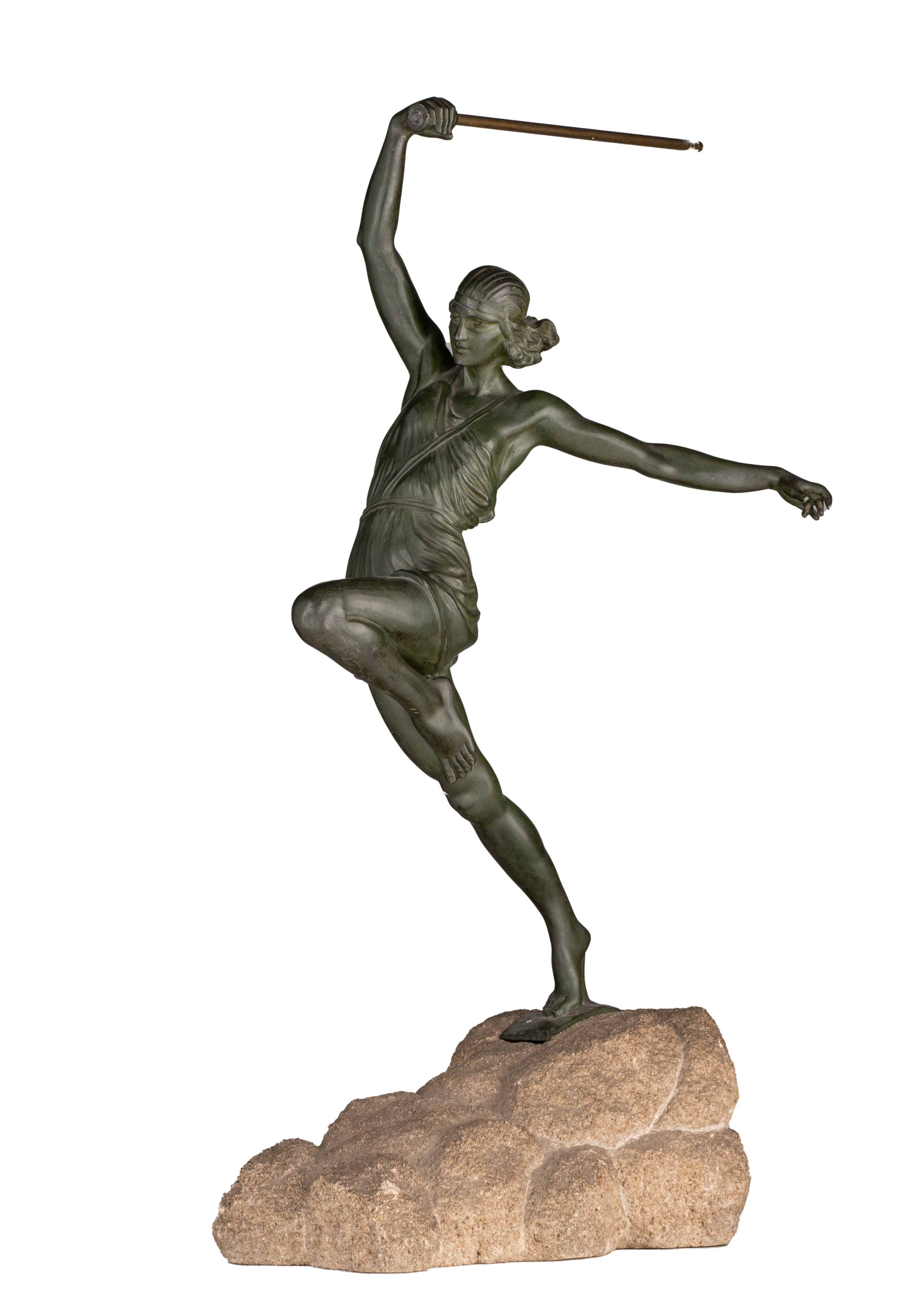 An Art Deco patinated spelter woman with a javelin by Pierre le Faguays (1892-1962), ca. 1930, H 60