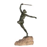 An Art Deco patinated spelter woman with a javelin by Pierre le Faguays (1892-1962), ca. 1930, H 60