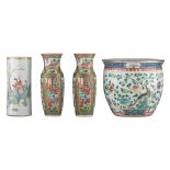 A collection of three Chinese famille rose vases and a ditto jardinière, 19thC and 20thC, tallest H