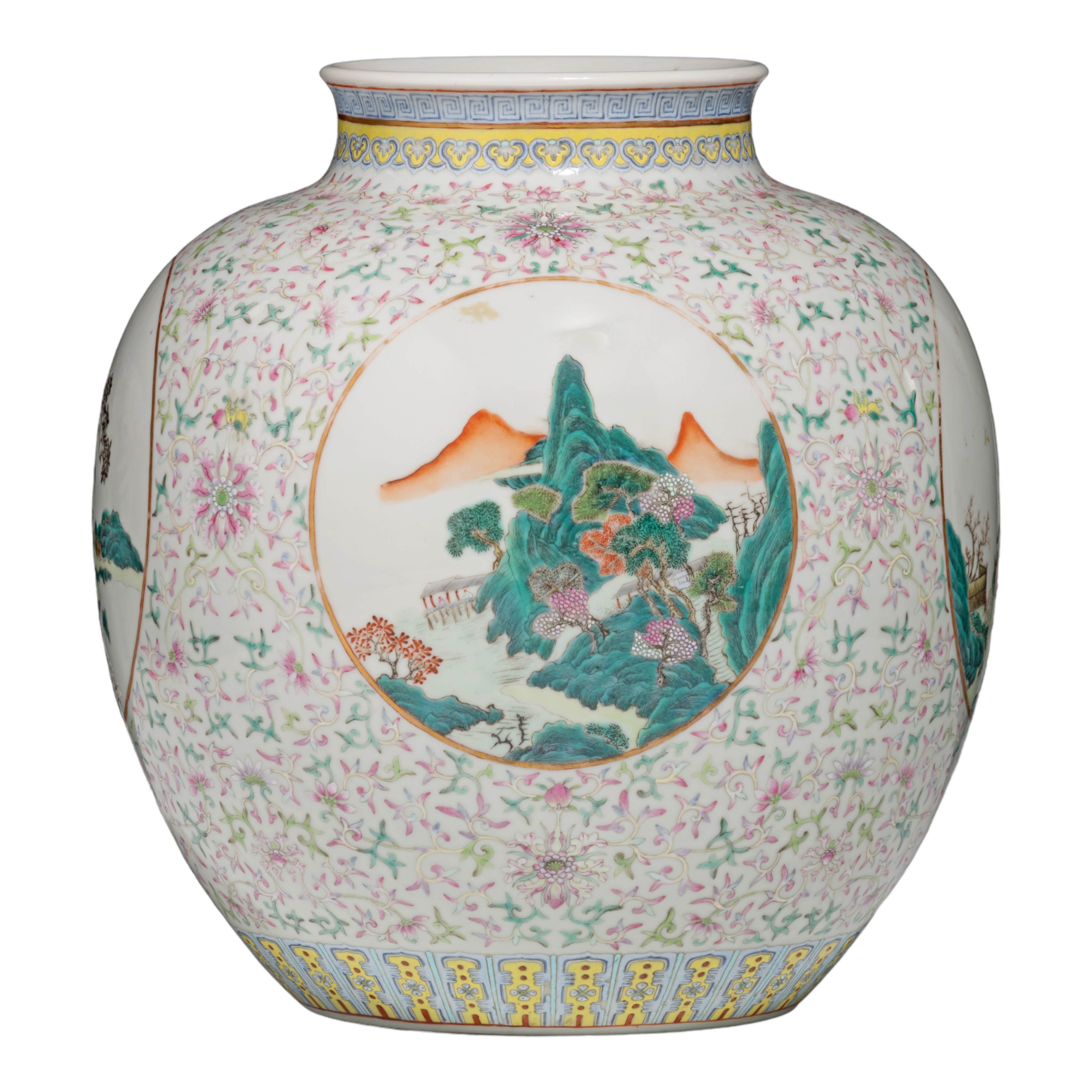 A Chinese famille rose 'Lotus scroll' zun vase, with a Qianlong mark, 19thC, H 25 - ø 23 cm