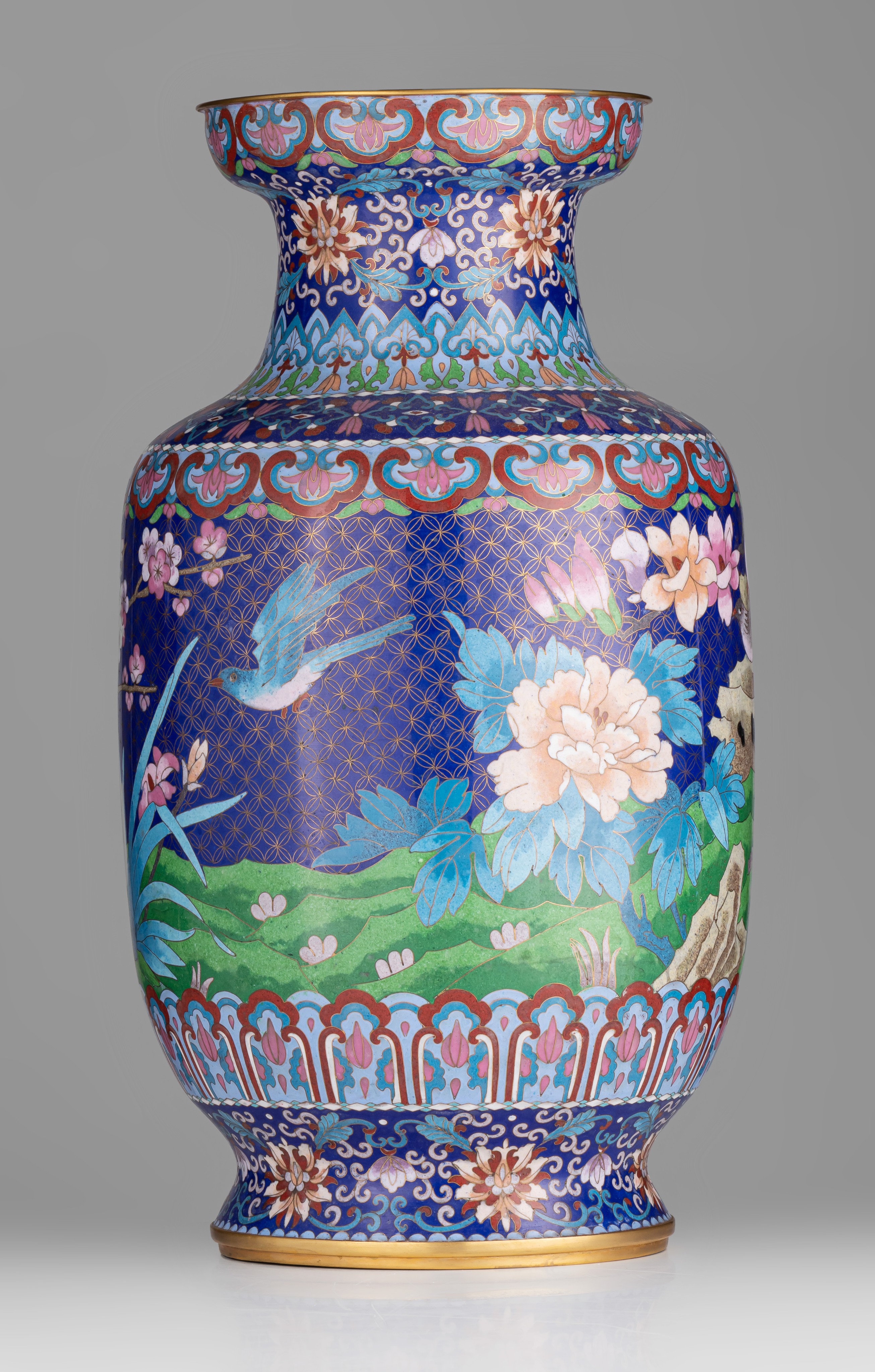 A pair of Chinese cloisonné enamelled 'Birds and peonies' bronze vases, 20thC, H 51,5 cm - Image 6 of 14