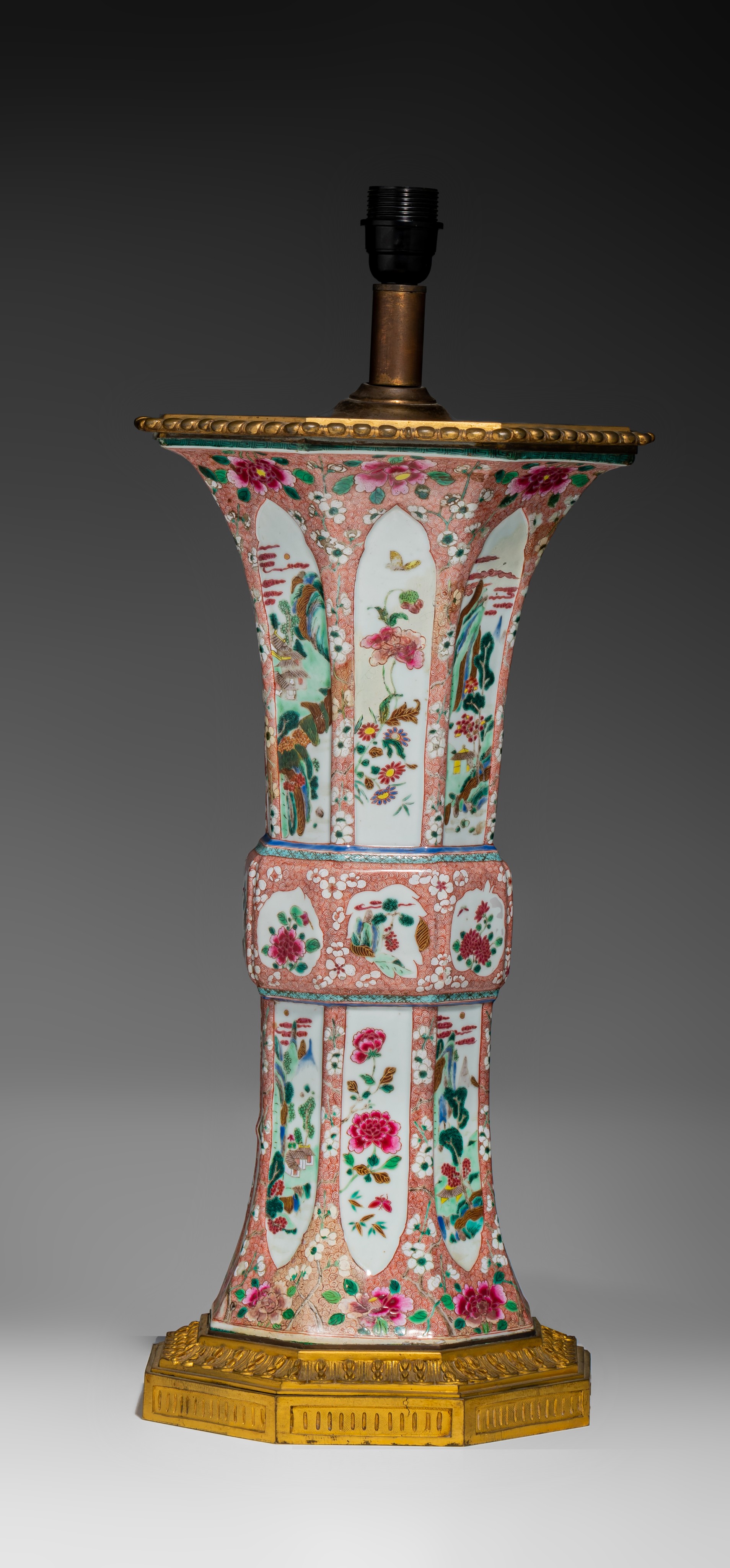 A large Chinese famille rose faceted Gu-shaped beaker vase, mounted as a lamp, Yongzheng/early Qianl - Image 4 of 7