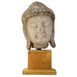 A rare Chinese marble head of Buddha Shakyamuni, Total H 39 cm
